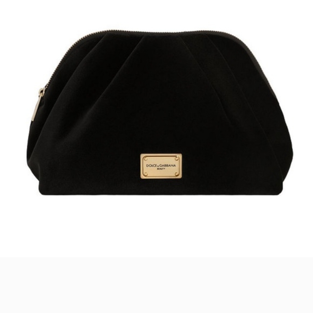 Dolce & Gabbana Black Velvet Makeup Pouch with Gold Plaque Clutch Bag New